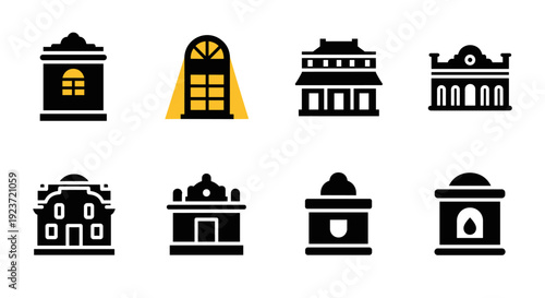Minimalist icon set of traditional and modern architectural facades
