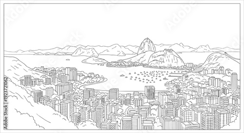 Detailed line art of rio de janeiro skyline with sugarloaf mountain