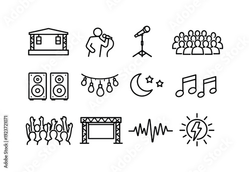 Open air concert vocals. Line outline icon set of open air concert vocals: open stage,