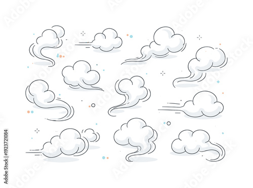 Floating smoke elements. Small smoke puffs and curves scattered lightly across the canvas. Airy abstract mood with modern minimal expression.