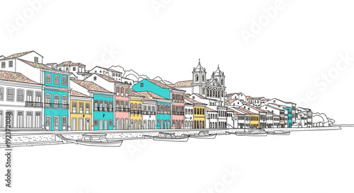 Colorful historic waterfront cityscape with boats in line art style