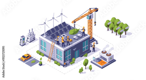 Isometric view of a green energy building construction site with workers installing solar panels and wind turbines on the roof.