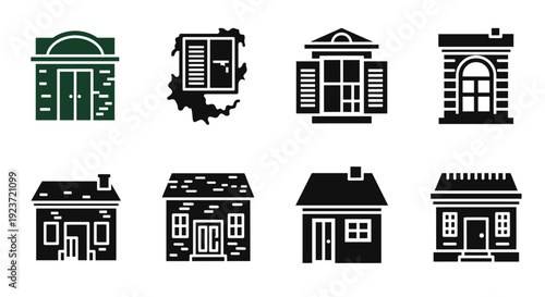 Minimalist silhouette icons of various building facades and windows