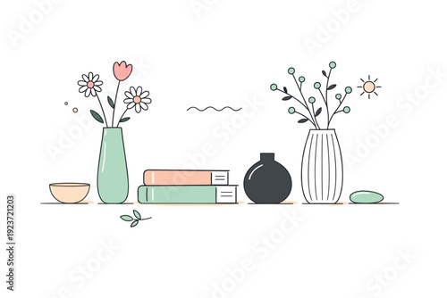 Minimal spring home styling. An abstract interior still-life with decor objects like vases, books, and flowers arranged with plenty of white