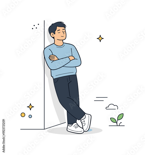 People waiting without phones. Person leaning against a wall with arms crossed and eyes closed or looking sideways. Quiet patience expressed