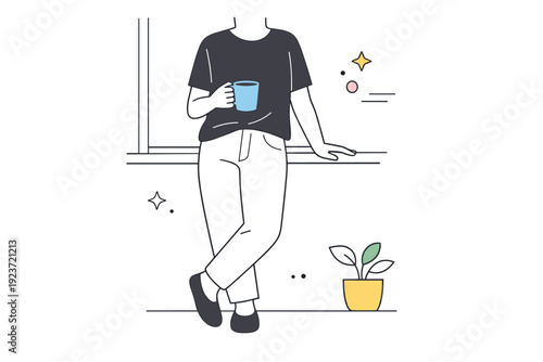 People partially cut by frame. Person standing near a window, head outside the frame, focus on body language. Calm pause with intentional framing and visual