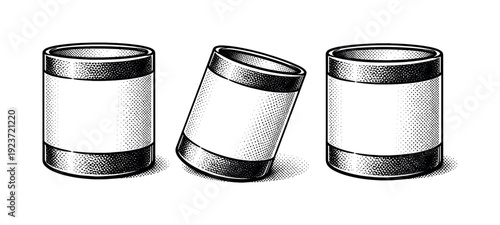 Three blank cylindrical containers with labels, one tilted, in a vintage engraving style