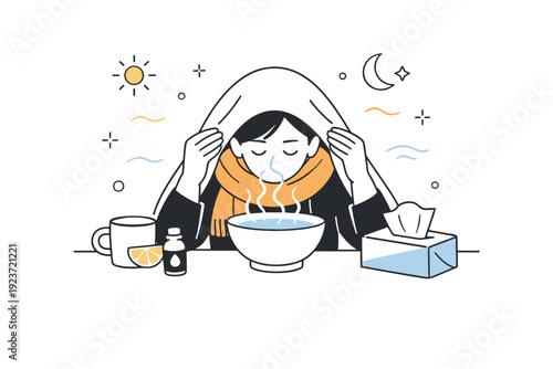 Cold and flu home remedies. A person inhaling steam from a bowl while sitting at a table, wrapped in a scarf. Gentle abstract