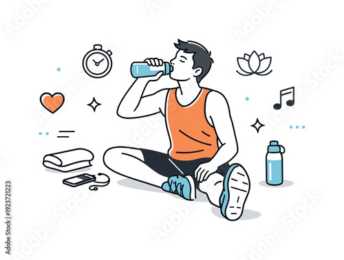 Hydration strategies during training. A calm cooldown moment after exercise, athlete sipping water while stretching, relaxed posture and