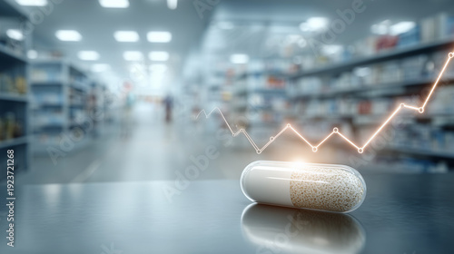 Pharmaceutical Advancement: A conceptual representation of medicine, a singular capsule, positioned as the focal point, symbolizing health and progress, set against the backdrop of a pharmacy.
