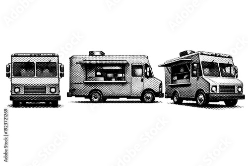 Street food truck object shown in three views including front view, side view, and angled view emphasizing service window geometry and