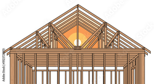 A close-up view of a new house's wooden roof truss structure is silhouetted against a warm sunset.
