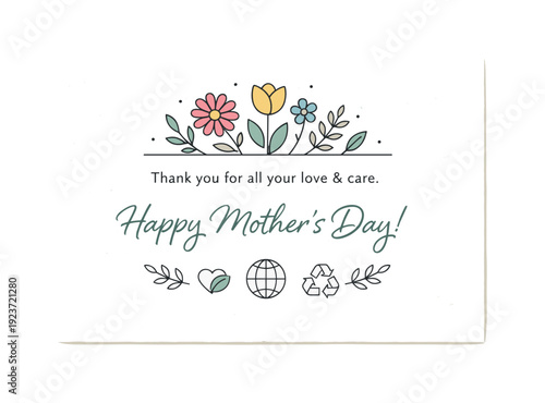 Mother?s Day eco-card design. Clean greeting card made from recycled paper texture, simple floral illustration and soft thank-you message,