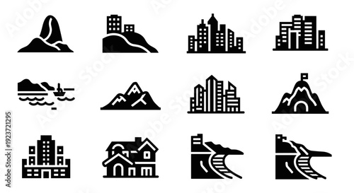 Silhouette city and nature icon set with mountain and urban themes
