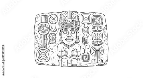 Intricate line art of ancient mayan stone carving with symbols and patterns