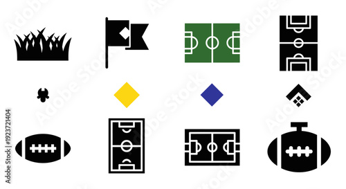 Sports field and equipment icons: soccer, rugby, flags, and grass silhouette design