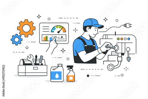 Equipment maintenance routine. A technician checks system indicators and tightens components, showing attention to detail. Editorial calm with abstract gears