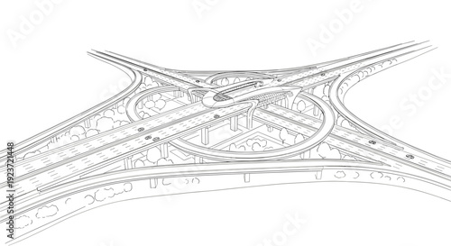 Intricate highway interchange design in linear style with elevated roads and bridges