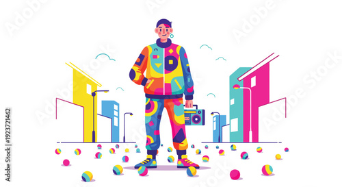 An animated man in a colorful patterned tracksuit holds a boombox, standing in a stylized city street with scattered balls.