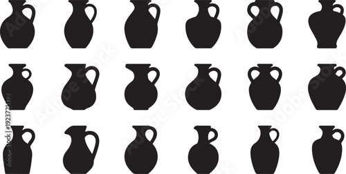 Set of eighteen classic ancient Greek style pottery vases isolated on transparent background