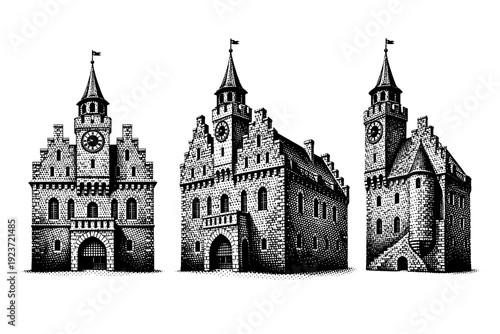 Historic building facade medieval town hall facade. A fortified historic civic building facade with stepped gables, narrow windows, stone