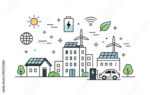 Sustainable city skyline with renewable energy sources and electric car charging station