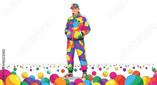 Full-body illustration of a man standing confidently in a colorful patterned tracksuit surrounded by numerous scattered balls on a white floor.