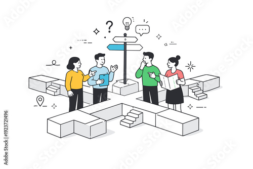 People navigating complex structures. Characters standing at an abstract crossroads of interconnected blocks and corridors, discussing the best route forward.