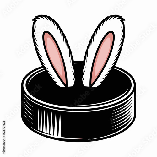 A pair of rabbit ears peek out of in hockey puck .