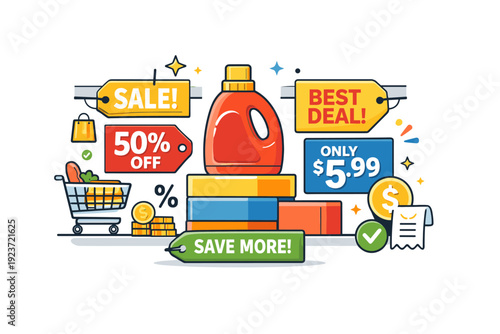 Supermarket promotions shown as a bright aisle scene with highlighted price tags and a central product, conveying savings, attention grabbing