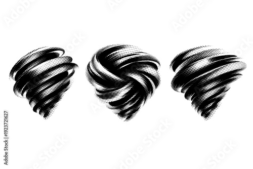 Dynamic motion shape rotational torque object, a dense abstract shape twisted around a central axis to suggest spinning energy, presented in