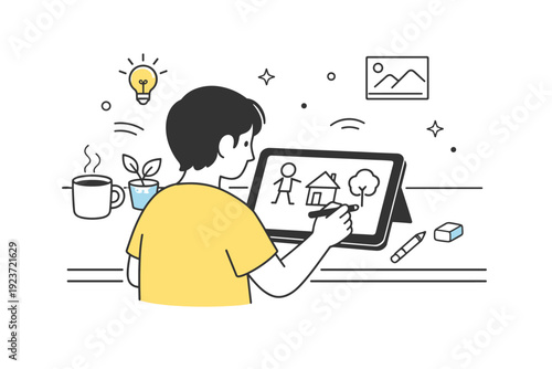 Tablet sketching scene. A person sitting at a desk drawing on a tablet with a stylus, simple sketches appearing on the screen. Calm creative focus, quiet