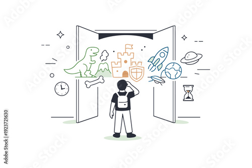 Time travel concept. Open doorway revealing different eras represented by simple icons, person hesitating before stepping inside. Sense of