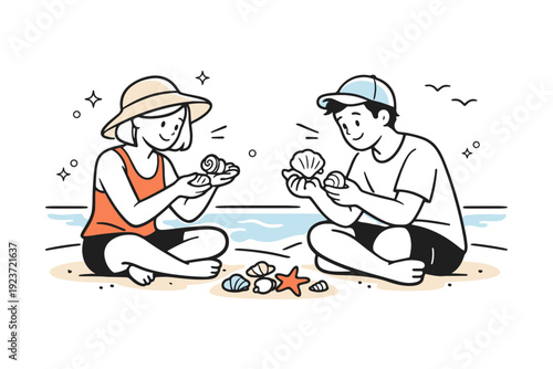 Shell collecting on beaches. A friendly shared moment with two people comparing found shells near the water. Simple connection and relaxed summer activity.