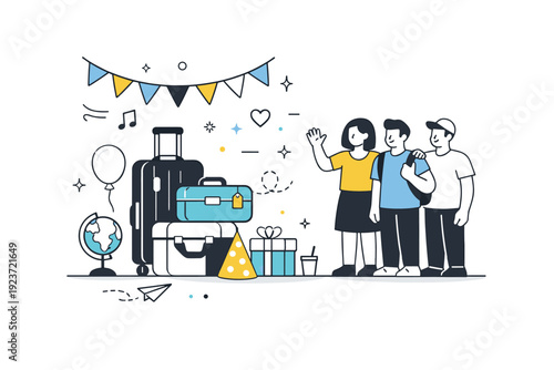 Throwing a farewell party for a friend moving away. An abstract editorial scene with suitcases, small party decorations, and friends standing