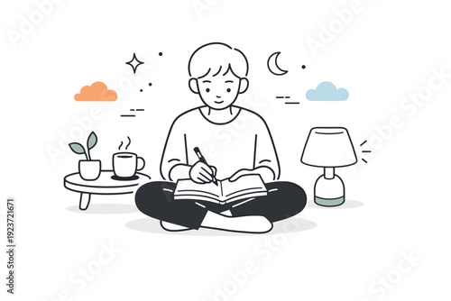 Mindfulness and slow moments. Person journaling or sketching in a quiet space, focused and grounded. Notebook, pen, and soft lamp shapes arranged with plenty