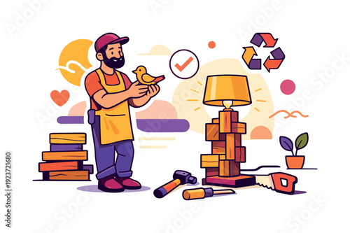 Sustainable Wood Artistry. Artisan recycling wood. A finished functional art piece stands complete, tools