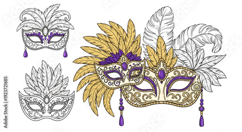 Elegant carnival masks with feathers and ornamentation in vintage style