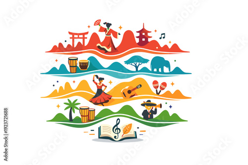Cultural Dance Waves. Dance and music performances from various cultures depicted as layered sound waves mixed with simple cultural motifs, suggesting rhythm