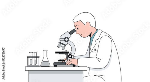 A male scientist in a lab coat looks through a microscope, working on a desk with laboratory glassware.
