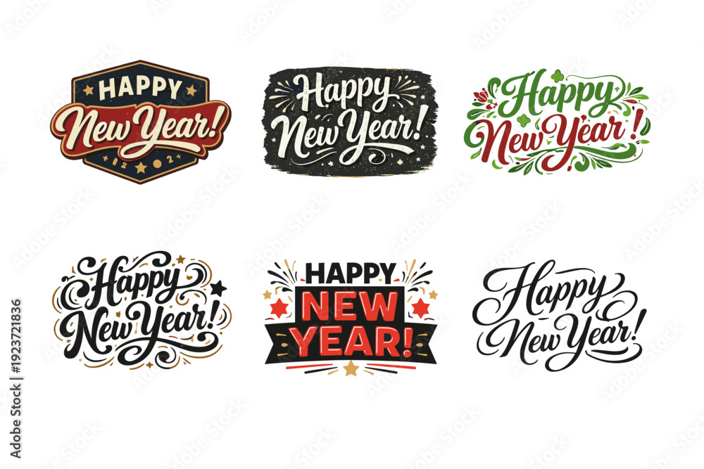 Fototapeta premium Festive New Year wishes. Set lettering. harmonious lettering variations of the same emblematic concept, each with different