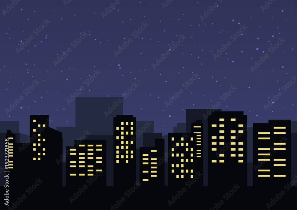Naklejka premium 夜空に星が輝く都会のビル群の夜景をイメージしたフラットデザインのベクターイラスト素材 立ち並ぶ高層ビルと窓の明かりが都会的な雰囲気を演出するシンプルで使い勝手の良いバックグラウンド
