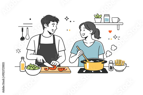 Popular lifestyle photography. A couple cooking together in a simple kitchen, exchanging smiles while preparing food. Warm domestic interaction and ease.