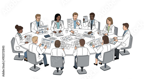 Diverse medical doctors in white coats are having a conference meeting around a large oval table with documents and charts.