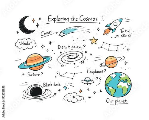 Doodle illustration of space exploration with planets, rockets, and celestial bodies