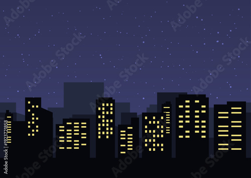 夜空に星が輝く都会のビル群の夜景をイメージしたフラットデザインのベクターイラスト素材 立ち並ぶ高層ビルと窓の明かりが都会的な雰囲気を演出するシンプルで使い勝手の良いバックグラウンド