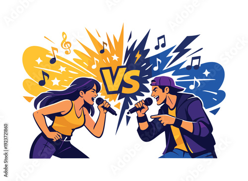 Duet battle round. Two singers facing each other on stage, contrasting light colors and