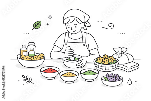 Natural dyeing and eco-friendly textile techniques. Person preparing plant-based pigments on a clean table, bowls of roots and flowers neatly