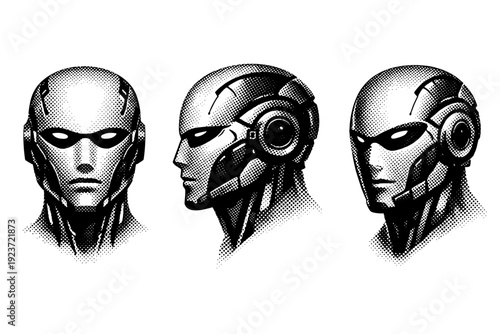 Sleek Robot Head. Robot head, sleek futuristic robot head with smooth contours, minimal facial elements, and integrated sensor modules shown from front,