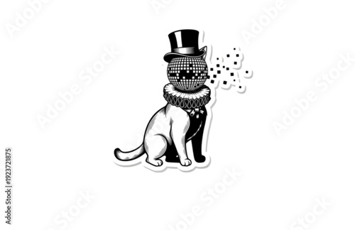 Funny Victorian Cat with Disco Ball Sticker Silhouette. Quirky Surreal Silliness and Humorous Character Design for Gen Z Aesthetic Vector.